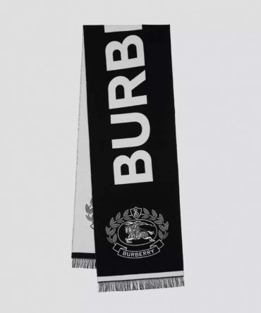 Burberry Women Logo and EKD Wool Silk Jacquard Scarf Black